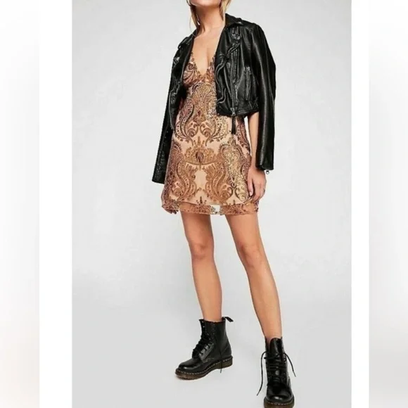 Free people night shimmers mini dress in gold - Picture 2 of 5